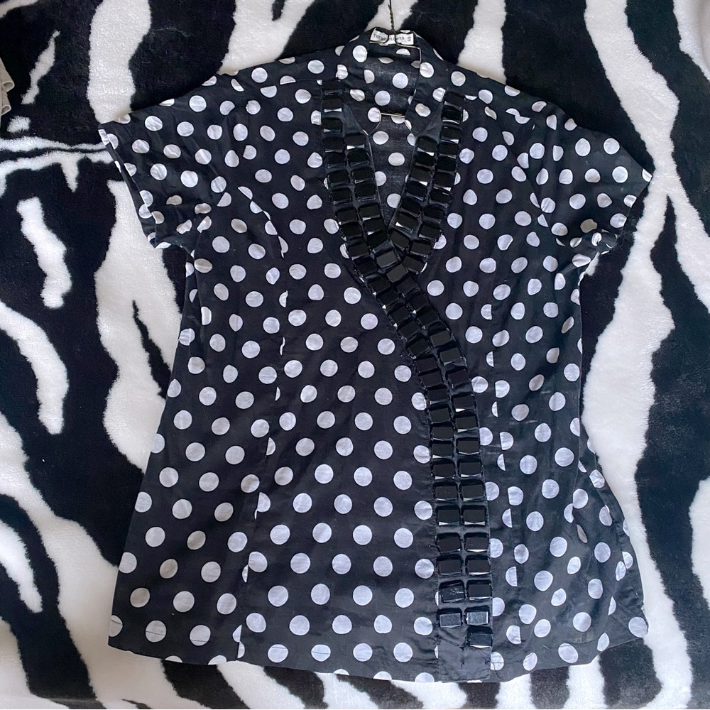 Polka Dot Stone Neckline Wrap Blouse Short Sleeve Size XL EU 48 Made in Spain